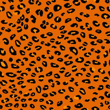 Soyut modern leopar pürüzsüz desen. Hayvanlar modaya uygun arka plan. Baskı, kart, kartpostal, kumaş ve tekstil için turuncu ve siyah dekoratif vektör çizimi. Modern stilize cilt süsü