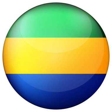 Gabon bayraklı cam top. Yuvarlak küre, şablon simgesi. Ulusal sembol. Parlak gerçekçi top, beyaz arkaplanda işaretlenmiş üç boyutlu soyut vektör çizimi. Büyük kabarcık.