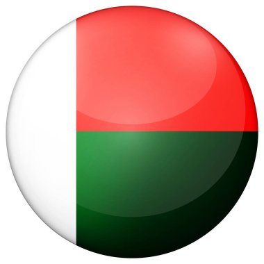 Madagaskar bayrağıyla cam ışıklı top. Yuvarlak küre, şablon simgesi. Ulusal sembol. Parlak gerçekçi top, beyaz arkaplanda işaretlenmiş üç boyutlu soyut vektör çizimi. Büyük kabarcık.