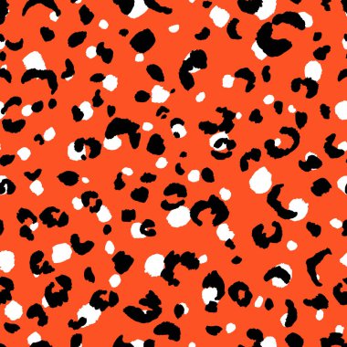 Soyut modern leopar pürüzsüz desen. Hayvanlar modaya uygun arka plan. Baskı, kart, kartpostal, kumaş ve tekstil için turuncu ve siyah dekoratif vektör çizimi. Modern stilize cilt süsü