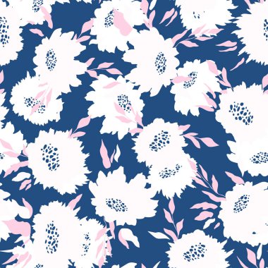 Çiçeksiz, el çizimi gül rengi. Çiçekler ve yapraklarla dolu şirin bir yaz geçmişi var. Modern çiçek kompozisyonları. Duvar kağıdı, poster, kart, kumaş ve tekstil için moda vektör stoku çizimi