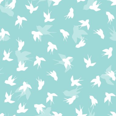Mavi arka planda beyaz kırlangıç silueti olan kusursuz desen. Uçan sevimli bir kuş. Vektör çizimi. Doodle tarzı. Davetiye, poster, kart, kumaş, tekstil için tasarım