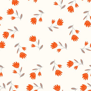 Geleneksel halk sanatları süslerine dayanan kusursuz çiçek desenleri. Işıklı arka planda renkli çiçekler. İskandinav tarzı. İsveç İskandinav tarzı. Vektör çizimi. Basit minimalist desen