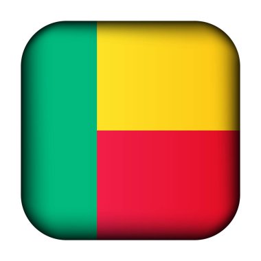 Benin bayrağıyla birlikte cam ışıklı top. Kare şablon simgesi. Ulusal sembol. Parlak gerçekçi küp, üç boyutlu soyut vektör çizimi vurgulandı. Büyük kadran, dört kare.