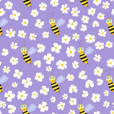 Renkli arka planda arılar ve çiçekler olan kusursuz bir desen. Küçük eşekarısı. Vektör çizimi. Sevimli çizgi film karakteri. Davetiye, kart, tekstil, kumaş için şablon tasarımı. Doodle tarzı