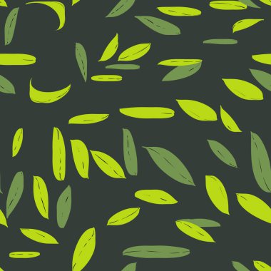 El çizimi yaprakları olan dikişsiz bir çiçek. Güzel bir sonbahar geçmişi var. Tropik mavi dallar. Modern çiçek kompozisyonları. Duvar kağıdı, poster, kart, kumaş ve tekstil için moda vektör stoku çizimi