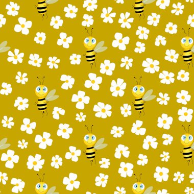 Renkli arka planda arılar ve çiçekler olan kusursuz bir desen. Küçük eşekarısı. Vektör çizimi. Sevimli çizgi film karakteri. Davetiye, kart, tekstil, kumaş için şablon tasarımı. Doodle tarzı