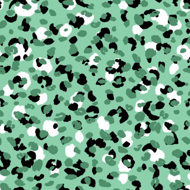 Soyut modern leopar pürüzsüz desen. Hayvanlar modaya uygun arka plan. Baskı, kart, kartpostal, kumaş ve tekstil için yeşil ve siyah dekoratif vektör çizimi. Modern stilize cilt süsü