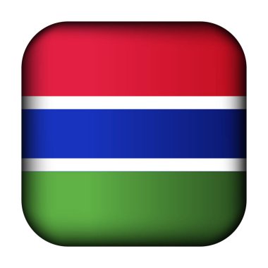 Gambiya bayraklı cam top. Kare şablon simgesi. Gambiya ulusal sembolü. Parlak gerçekçi küp, üç boyutlu soyut vektör çizimi vurgulandı. Büyük kadran, dört kare.