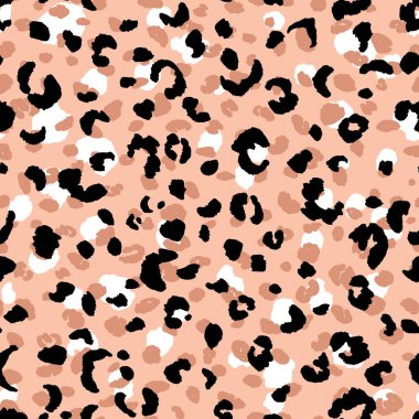 Soyut modern leopar pürüzsüz desen. Hayvanlar modaya uygun arka plan. Baskı, kart, kartpostal, kumaş, tekstil için bej ve siyah dekoratif vektör çizimi. Modern stilize cilt süsü
