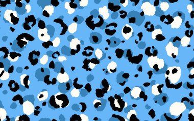 Soyut modern leopar pürüzsüz desen. Hayvanlar modaya uygun arka plan. Baskı, kart, kartpostal, kumaş ve tekstil için mavi ve siyah dekoratif vektör çizimi. Modern stilize cilt süsü
