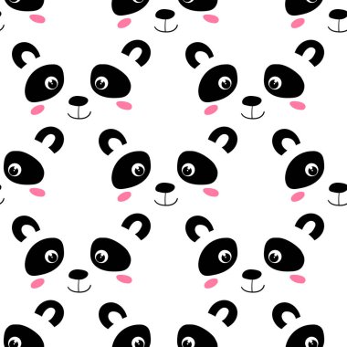 Beyaz arka planda sevimli panda bebeği olan kusursuz bir desen. Komik Asya hayvanları. Kart, çocuklar için kartpostallar. Kumaş, tekstil, duvar kağıdı, poster, hediye paketi için düz vektör çizimi.