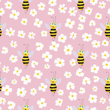 Renkli arka planda arılar ve çiçekler olan kusursuz bir desen. Küçük eşekarısı. Vektör çizimi. Sevimli çizgi film karakteri. Davetiye, kart, tekstil, kumaş için şablon tasarımı. Doodle tarzı