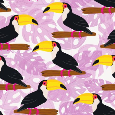 Kusursuz desenli, dalında çizgi film karakteri olan bir tukan kuşu. Duvar kağıdı, kumaş ve tekstil için vektör çizimi. Yaz egzotik baskısı. Çiçekli canavar yapraklı tropik bir tukan.