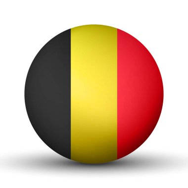 Belçika bayraklı cam ışıklı top. Yuvarlak küre, şablon simgesi. Belçika ulusal sembolü. Parlak gerçekçi top, beyaz arkaplanda işaretlenmiş üç boyutlu soyut vektör çizimi. Büyük kabarcık