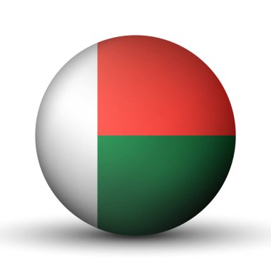 Madagaskar bayrağıyla cam ışıklı top. Yuvarlak küre, şablon simgesi. Ulusal sembol. Parlak gerçekçi top, beyaz arkaplanda işaretlenmiş üç boyutlu soyut vektör çizimi. Büyük kabarcık