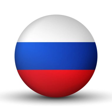 Rusya bayraklı cam top. Yuvarlak küre, şablon simgesi. Rus ulusal sembolü. Parlak gerçekçi top, beyaz arkaplanda işaretlenmiş üç boyutlu soyut vektör çizimi. Büyük kabarcık