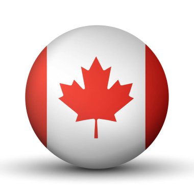 Kanada bayraklı cam top. Yuvarlak küre, şablon simgesi. Kanada ulusal sembolü. Parlak gerçekçi top, beyaz arkaplanda işaretlenmiş üç boyutlu soyut vektör çizimi. Büyük kabarcık