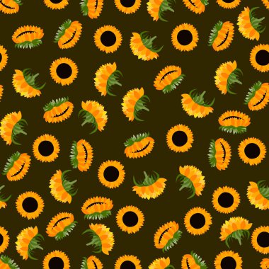 Renkli arka planda turuncu ayçiçekleri olan renksiz yaz deseni. Çizgi film tarzı. Kumaş, tekstil, poster, kart, kağıt tasarımı. Yapraklı çiçekler. Vektör illüstrasyonu