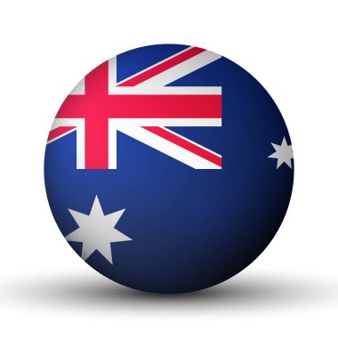 Avustralya bayrağıyla birlikte cam ışıklı top. Yuvarlak küre, şablon simgesi. Avustralya ulusal sembolü. Parlak gerçekçi top, beyaz arkaplanda işaretlenmiş üç boyutlu soyut vektör çizimi. Büyük kabarcık