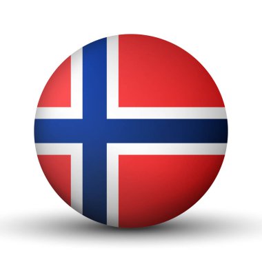 Norveç bayraklı cam top. Yuvarlak küre, şablon simgesi. Norveç ulusal sembolü. Parlak gerçekçi top, beyaz arkaplanda işaretlenmiş üç boyutlu soyut vektör çizimi. Büyük kabarcık