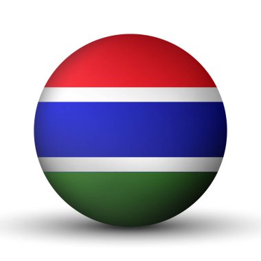 Gambiya bayraklı cam top. Yuvarlak küre, şablon simgesi. Gambiya ulusal sembolü. Parlak gerçekçi top, beyaz arkaplanda işaretlenmiş üç boyutlu soyut vektör çizimi. Büyük kabarcık