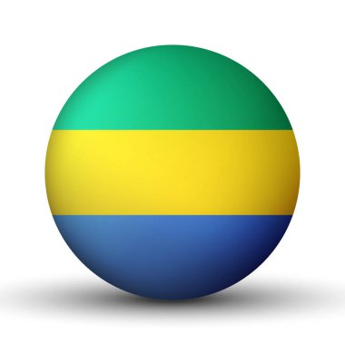 Gabon bayraklı cam top. Yuvarlak küre, şablon simgesi. Ulusal sembol. Parlak gerçekçi top, beyaz arkaplanda işaretlenmiş üç boyutlu soyut vektör çizimi. Büyük kabarcık