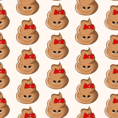 Seamless pattern with kawaii poop on white background. Cartoon poo, feces icons. Shit patterns, evil turd. Vector illustration for invitation, poster, card, fabric, textile. Doodle style