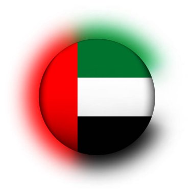 Birleşik Arap Emirlikleri bayrağı taşıyan cam ışıklı top. Yuvarlak küre, şablon simgesi. Arap ulusal sembolü. Parlak gerçekçi top, beyaz arkaplanda üç boyutlu soyut vektör çizimi. Büyük kabarcık