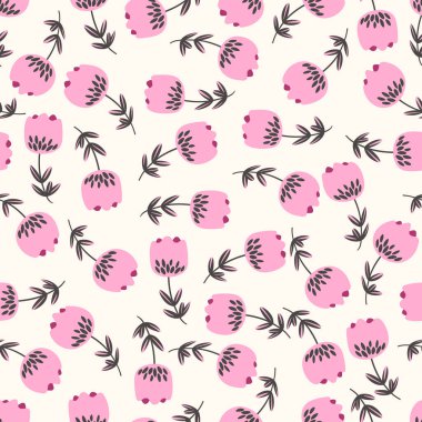 Geleneksel halk sanatları süslerine dayanan kusursuz çiçek desenleri. Işıklı arka planda renkli çiçekler. İskandinav tarzı. İsveç İskandinav tarzı. Vektör çizimi. Basit minimalist desen