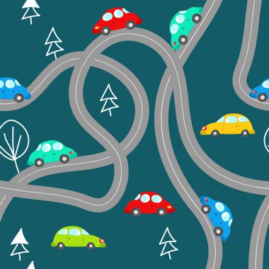 Mavi arka planda şirin arabaları olan kusursuz bir desen. Cartoot taşımacılığı. Vektör çizimi. Doodle tarzı. Bebek baskısı, davetiye, poster, kart, kumaş, tekstil için tasarım