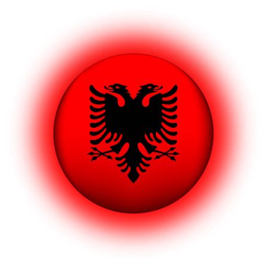 Arnavutluk bayraklı cam top. Yuvarlak küre, şablon simgesi. Arnavut ulusal sembolü. Parlak gerçekçi top, beyaz arkaplanda işaretlenmiş üç boyutlu soyut vektör çizimi. Büyük kabarcık