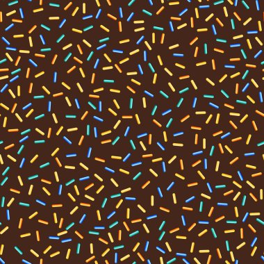 Renkli arka planda şekerli donut jöleli kusursuz desen. 3D gerçekçi yemek kalıbı, pasta, tatlı şeker dokusu. Poster, kart, kumaş ve tekstil için modern tasarım. Vektör illüstrasyonu