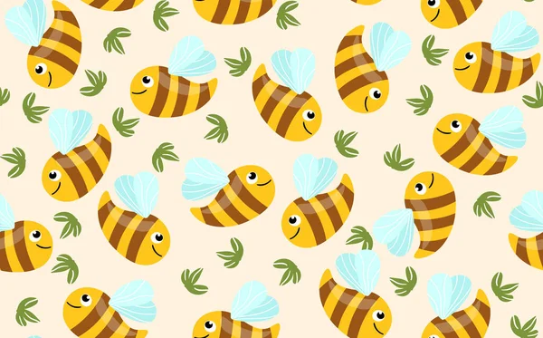Бесшовный узор с пчелами и листьями на цветном фоне. Маленькая оса. Векторная иллюстрация. Симпатичный мультяшный персонаж. Дизайн шаблонов приглашений, открыток, текстиля и т.д. Дудл — стоковый вектор