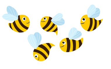 Set of cartoon bee mascot. A small bees flying. Wasp collection. Vector characters. Incest icon. Template design for invitation, cards. Doodle style clipart