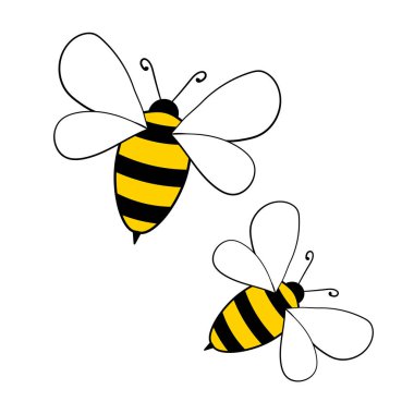 Çizgi film arısı maskotu. Küçük bir arı uçar. Eşek arısı koleksiyonu. Vektör karakterler. Ensest ikonu. Davetiye için şablon tasarımı, kartlar. Doodle tarzı