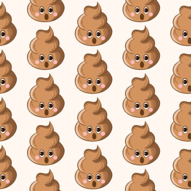Seamless pattern with kawaii poop on white background. Cartoon poo, feces icons. Shit patterns, evil turd. Vector illustration for invitation, poster, card, fabric, textile. Doodle style