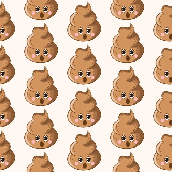 Seamless pattern with kawaii poop on white background. Cartoon poo, feces icons. Shit patterns, evil turd. Vector illustration for invitation, poster, card, fabric, textile. Doodle style — Stock Vector