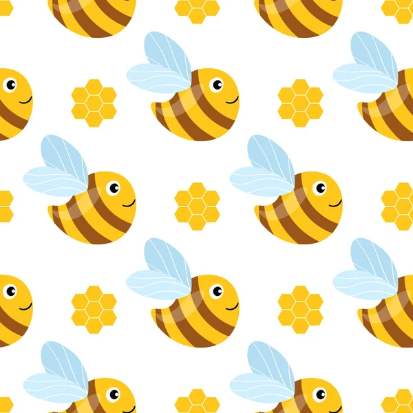 Бесшовный рисунок с пчелами и сотами на белом фоне. Маленькая оса. Векторная иллюстрация. Симпатичный мультяшный персонаж. Дизайн шаблонов приглашений, открыток, текстиля и т.д. Дудл — стоковый вектор