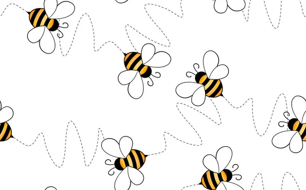 Patrón sin costuras con abejas sobre fondo blanco. Pequeña avispa. Ilustración vectorial. Adorable personaje de dibujos animados. Plantilla de diseño para invitación, tarjetas, textil, tela. Estilo Doodle — Archivo Imágenes Vectoriales