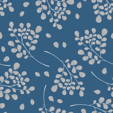 El çizimi yaprakları olan dikişsiz bir çiçek. Güzel bir sonbahar geçmişi var. Tropik dallar. Modern çiçek kompozisyonları. Duvar kağıdı, poster, kart, kumaş ve tekstil için moda vektör stoku çizimi