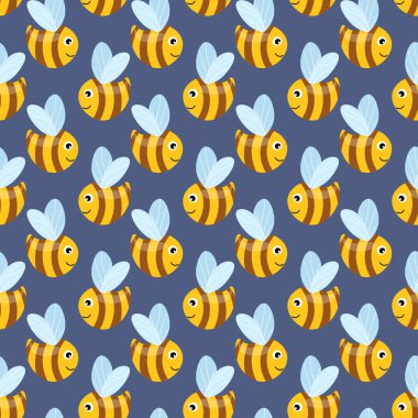 Renkli arka planda arılar olan kusursuz bir desen. Küçük eşekarısı. Vektör çizimi. Sevimli çizgi film karakteri. Davetiye, kart, tekstil, kumaş için şablon tasarımı. Doodle tarzı