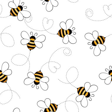 Beyaz arka planda arılar olan kusursuz bir desen. Küçük eşekarısı. Vektör çizimi. Sevimli çizgi film karakteri. Davetiye, kart, tekstil, kumaş için şablon tasarımı. Doodle tarzı