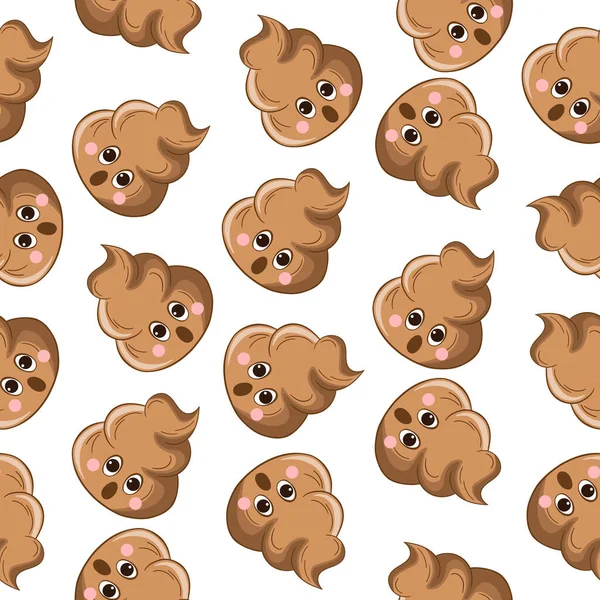 Seamless pattern with kawaii poop on white background. Cartoon poo, feces icons. Shit patterns, evil turd. Vector illustration for invitation, poster, card, fabric, textile. Doodle style — Stock Vector