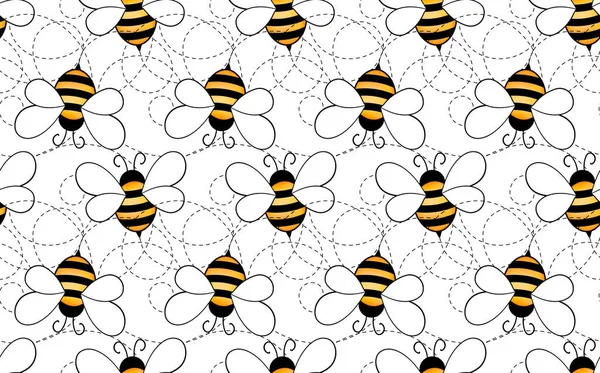 Patrón sin costuras con abejas sobre fondo blanco. Pequeña avispa. Ilustración vectorial. Adorable personaje de dibujos animados. Plantilla de diseño para invitación, tarjetas, textil, tela. Estilo Doodle — Archivo Imágenes Vectoriales