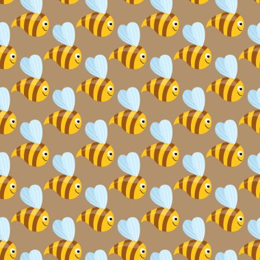 Renkli arka planda arılar olan kusursuz bir desen. Küçük eşekarısı. Vektör çizimi. Sevimli çizgi film karakteri. Davetiye, kart, tekstil, kumaş için şablon tasarımı. Doodle tarzı