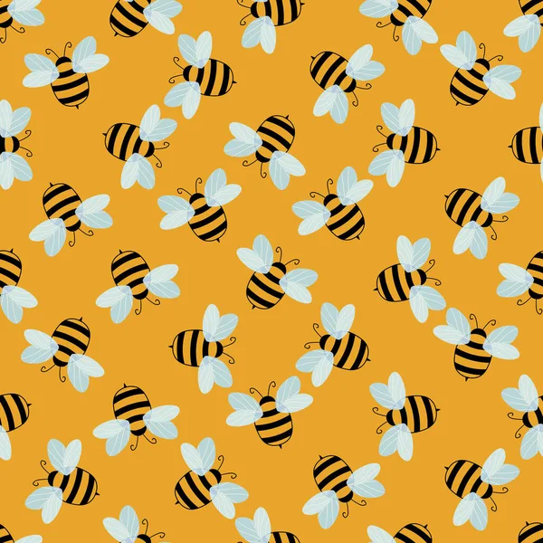 Sömlöst mönster med bin på färg bakgrund. En liten geting. Vektorillustration. Förtjusande tecknad karaktär. Mall design för inbjudan, kort, textil, tyg. Doodle-stil — Stock vektor