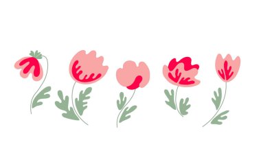 Geleneksel halk sanat süslerine dayalı çiçek seti. Ayrı rengarenk skandal çiçekleri. İskandinav tarzı. İsveç İskandinav tarzı. Vektör çizimi. Basit minimalist doğa ögesi