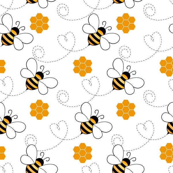 Бесшовный рисунок с пчелами и сотами на белом фоне. Маленькая оса. Векторная иллюстрация. Симпатичный мультяшный персонаж. Дизайн шаблонов приглашений, открыток, текстиля и т.д. Дудл.