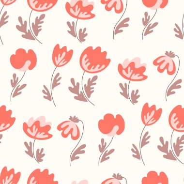 Geleneksel halk sanatları süslerine dayanan kusursuz çiçek desenleri. Işıklı arka planda renkli çiçekler. İskandinav tarzı. İsveç İskandinav tarzı. Vektör çizimi. Basit minimalist desen